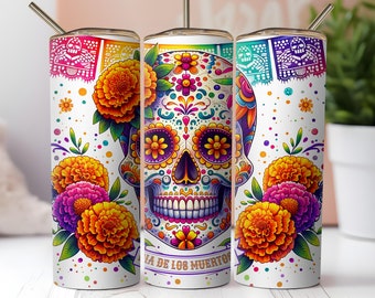 Dia De Los Muertos Sugar Skull 20 oz Skinny Tumbler Wrap Sublimation Design Png, Catrina, Day Of The Dead Png, Skeleton Tumbler Wrap PNG