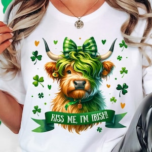 Kiss Me I’m Irish Highland Cow Shirt | Cute St Patrick’s Day Cow Design | Shamrock Cow Graphic | Funny Irish Cow Tee | Trendy St Patricks