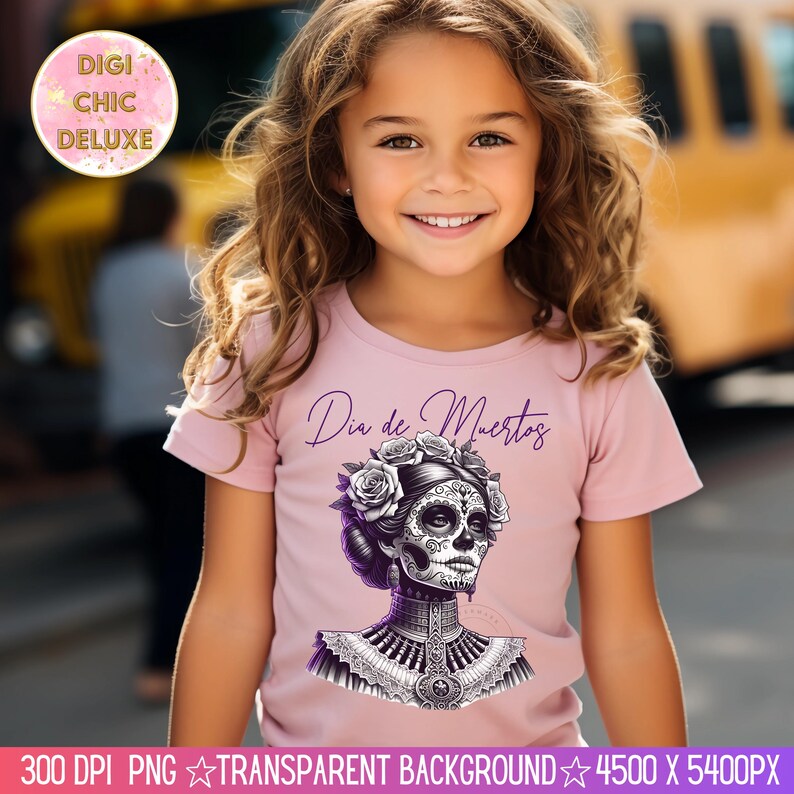 Trendy Elegant Dia de Los Muertos sugar skull woman PNG design with detailed black, purple and white sugar skull face paint, vintage floral crown of roses, gothic makeup, and ornate Mexican dress. Perfect for Day of the Dead shirt, Mexican heritage gifts, calavera wall art, skeleton costume, Latinx celebration tee, dark feminine design, tattoo-style illustration, and vintage mexican aesthetic lovers. Ideal for October and November events.