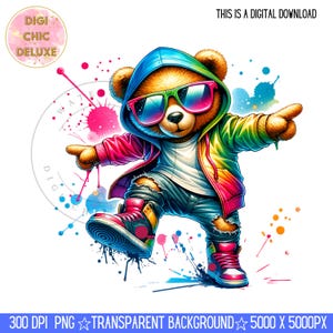 May include: A colorful cartoon bear wearing sunglasses, a rainbow hoodie, and ripped jeans. The bear is posing with one hand in the air and the other pointing forward. The background is a white watercolor splatter.