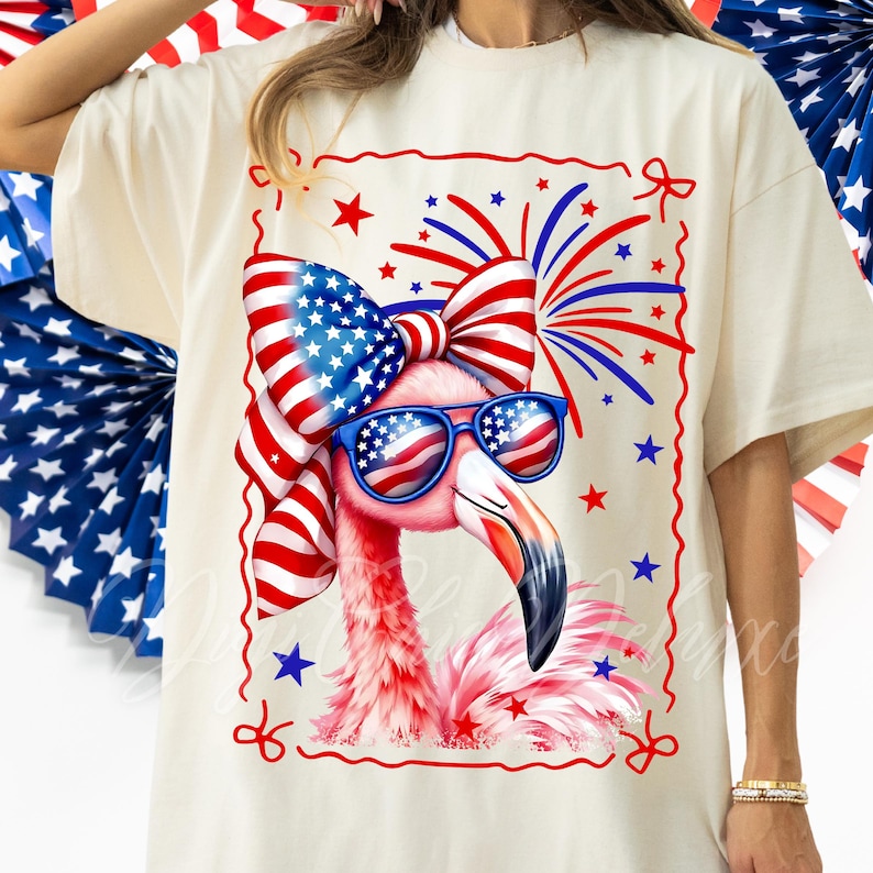 High quality hand drawn watercolor patriotic flamingo PNG design with USA flag coquette bow and American sunglasses, surrounded by red, white and blue fireworks. Perfect for 4th of July shirts, Independence Day outfit, beach party tee, funny summer graphic t-shirt tee, July Fourth flamingo lover gift, America-themed BBQ look, retro cute animal design, and trending patriotic women’s apparel. Great for lake days, family matching sets, coastal grandma style, and summer vacation fashion.
