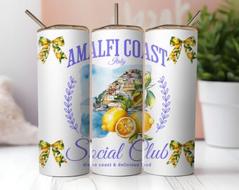 Amalfi Coast Italy Social Club 20oz Skinny Tumbler Wrap Sublimation Design Png, Mediterranean Lemon Coquette Bow Tumbler Wrap, Trendy Design