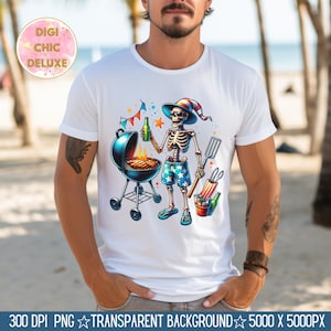 May include: A skeleton wearing a red, white and blue hat and shorts is grilling sausages on a black barbecue. The skeleton is holding a beer in one hand and a spatula in the other. There are red, white and blue decorations around the barbecue.