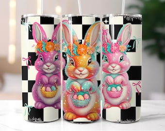 Retro Easter Bunny 20oz Skinny Sublimation Tumbler Design, Retro Checkered Easter Tumbler Wrap PNG, Easter Sublimation Png, Bunny Coquette