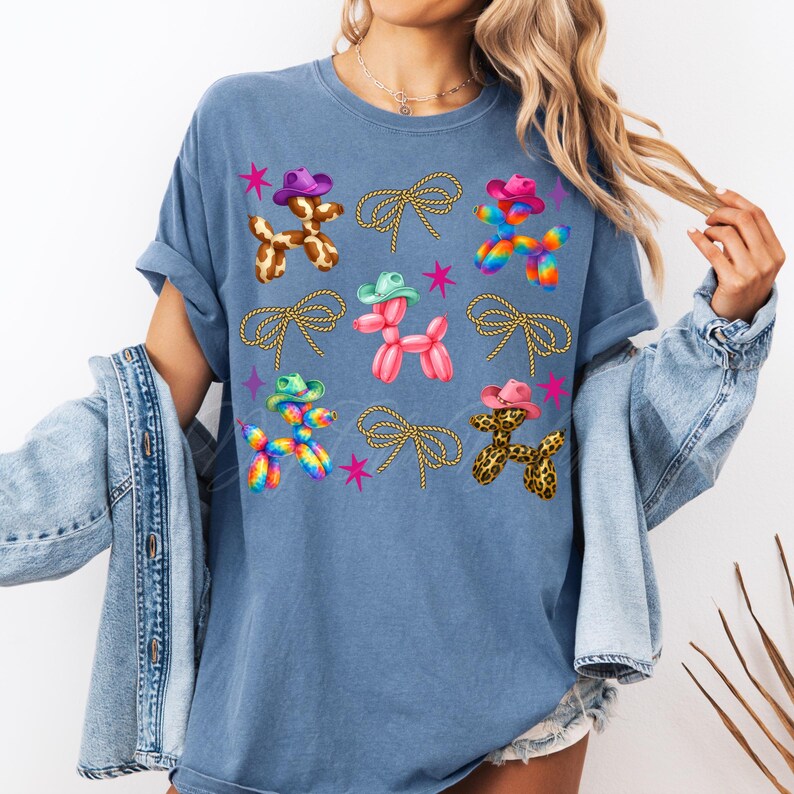 High-quality PNG design featuring cute Western balloon dogs wearing colorful cowboy hats in cow print, pink, tie-dye, and leopard patterns, surrounded by rope bows and retro stars; perfect for trendy coastal cowgirl T-shirts, rodeo shirts, Nashville bachelorette party outfits, girls trip apparel, country concert looks, western bachelorette decor, boho cowgirl gifts, summer rodeo outfits, and western fashion. 300 DPI transparent background for sublimation, DTF and DTG printing and craft projects.