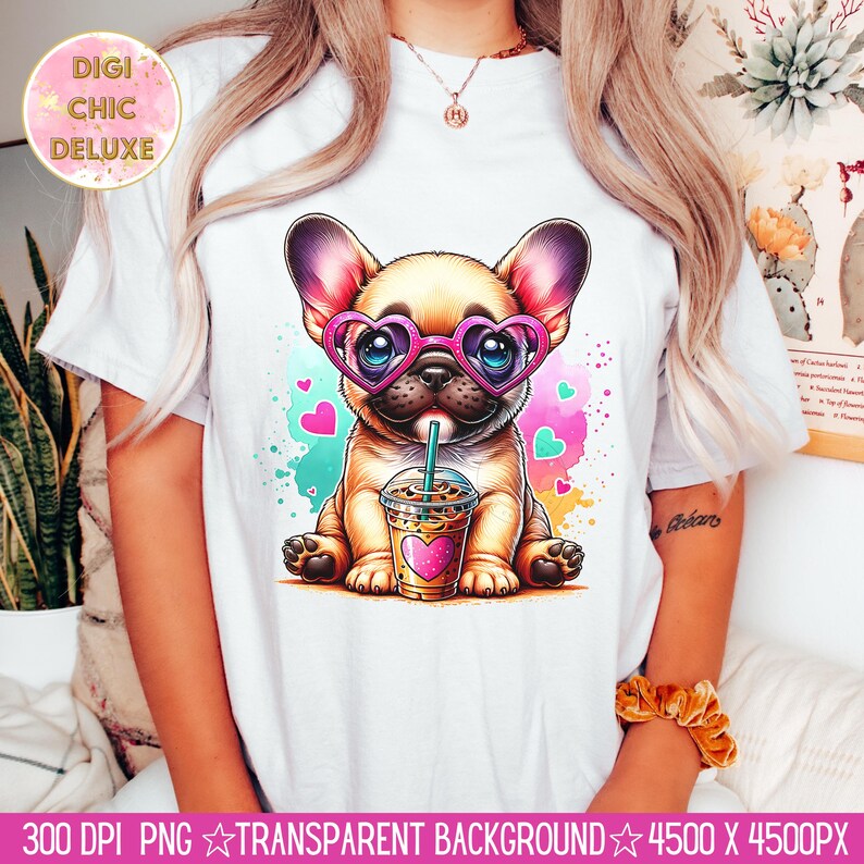May include: A white t-shirt with a cartoon image of a French bulldog wearing pink heart-shaped sunglasses and holding a pink and white iced coffee. The background is a watercolor-style design with pink hearts and blue splatters.