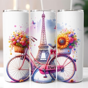 Pink Bicycle Eiffel Tower Paris 20oz Skinny Tumbler Sublimation Design, Digital Download PNG, Coquette Bow Tumbler Wrap, Gift Paris Lover