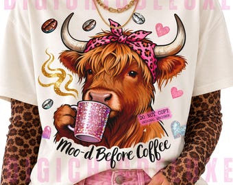 Coffee Highland Cow PNG, Leopard Bow, Coffee Lover Sublimation (Digital Download)