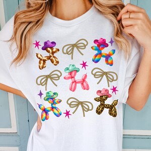 High-quality PNG design featuring cute Western balloon dogs wearing colorful cowboy hats in cow print, pink, tie-dye, and leopard patterns, surrounded by rope bows and retro stars; perfect for trendy coastal cowgirl T-shirts, rodeo shirts, Nashville bachelorette party outfits, girls trip apparel, country concert looks, western bachelorette decor, boho cowgirl gifts, summer rodeo outfits, and western fashion. 300 DPI transparent background for sublimation, DTF and DTG printing and craft projects.
