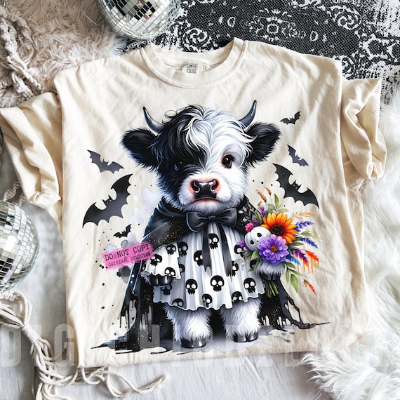 Spooky Highland Cow PNG, Boho Floral Retro Halloween Cow Png, Cow Lover Png, Trendy Spooky Season Shirt Design, Trick Or Treat Png Cow Lover