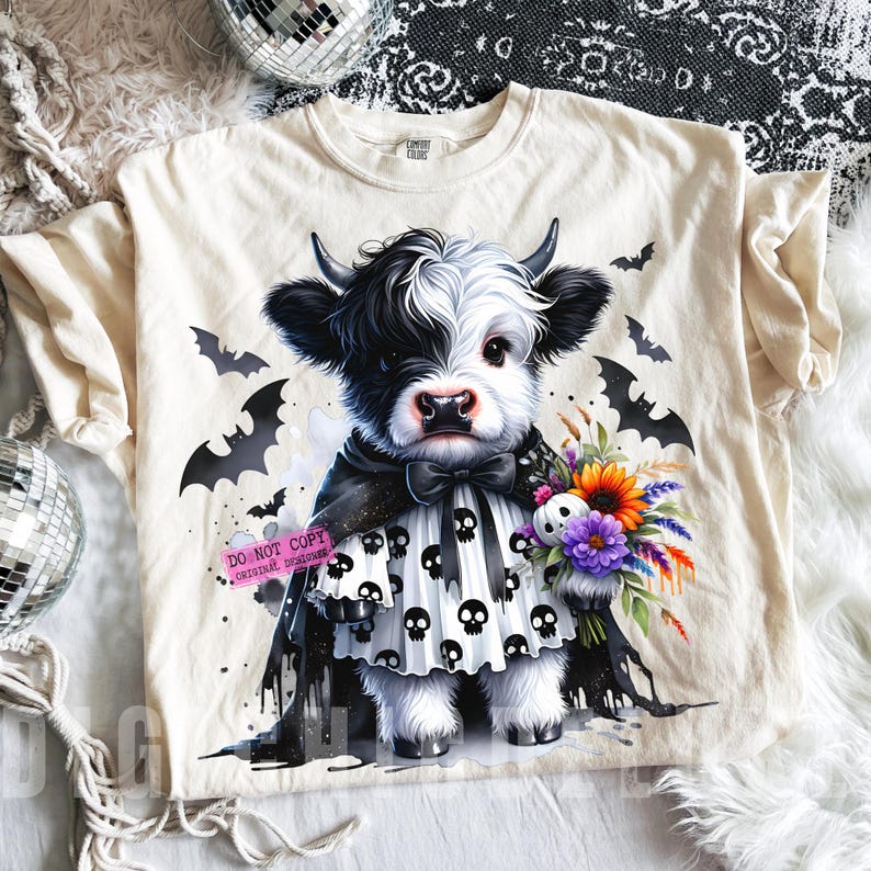 Adorable baby Highland cow in a black skull cape and spooky dress, holding a colorful fall bouquet with a skull plush. This cute Halloween cow PNG design is perfect for sublimation, fall clipart, kids Halloween shirt designs, printable wall art, spooky cute decor, cow lover gifts, and gothic autumn apparel. Great for tees, sweaters, mugs, and farmhouse Halloween crafts.