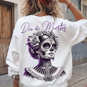 Trendy Elegant Dia de Los Muertos sugar skull woman PNG design with detailed black, purple and white sugar skull face paint, vintage floral crown of roses, gothic makeup, and ornate Mexican dress. Perfect for Day of the Dead shirt, Mexican heritage gifts, calavera wall art, skeleton costume, Latinx celebration tee, dark feminine design, tattoo-style illustration, and vintage mexican aesthetic lovers. Ideal for October and November events.