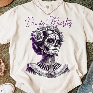 Trendy Elegant Dia de Los Muertos sugar skull woman PNG design with detailed black, purple and white sugar skull face paint, vintage floral crown of roses, gothic makeup, and ornate Mexican dress. Perfect for Day of the Dead shirt, Mexican heritage gifts, calavera wall art, skeleton costume, Latinx celebration tee, dark feminine design, tattoo-style illustration, and vintage mexican aesthetic lovers. Ideal for October and November events.