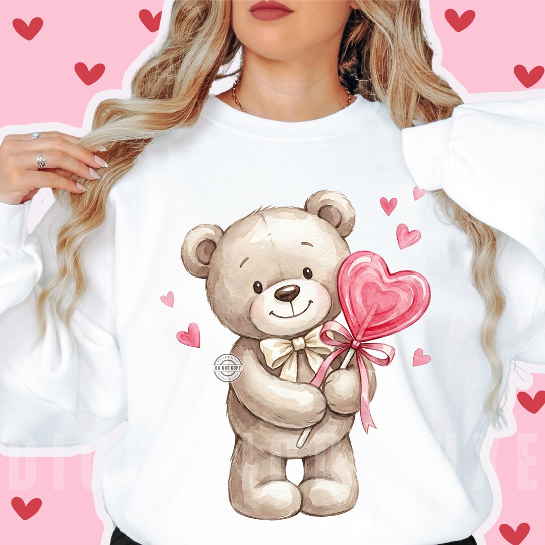 Watercolor Teddy Bear Valentine PNG, Pink Heart Lollipop Png, Cute Bear ...