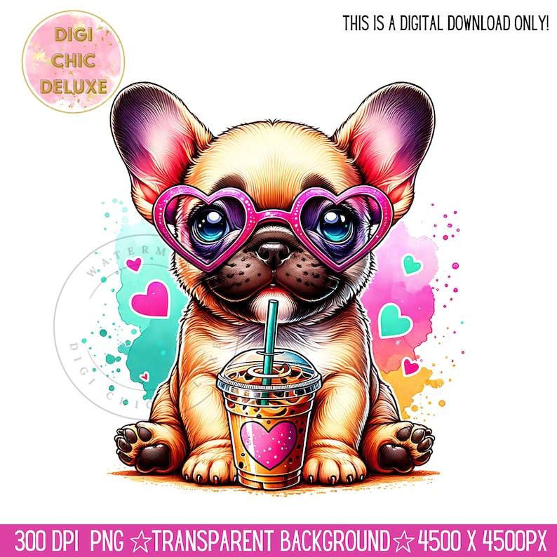 May include: A cartoon illustration of a French bulldog wearing pink heart-shaped sunglasses and holding a cup of iced coffee with a pink heart on the side. The bulldog is sitting on a watercolor background with pink and blue hearts.