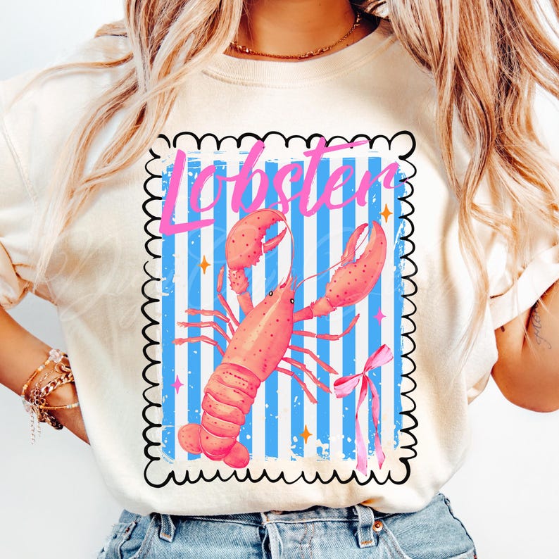 Bold watercolor lobster design with pink bow on nautical blue and white stripes — perfect for coastal cowgirl aesthetic, seafood lovers, Maine lobster festival gifts, retro summer beach vibes, ocean-themed apparel, and girly cottagecore fans. Trendy crustacean print for quirky fashion, East Coast preppy style, Y2K nautical chic, or seaside travel souvenir. Great for lobster parties, boating outfits, or colorful graphic tees with a fun foodie twist.