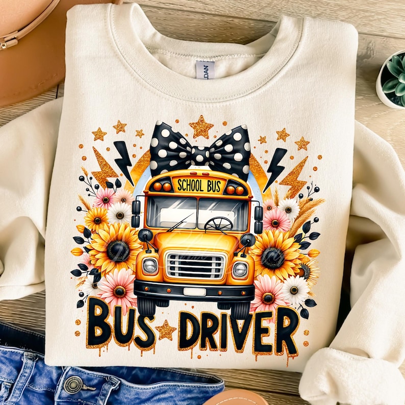 Vibrant digital illustration PNG design of a yellow school bus decorated with a bold black-and-white polka dot bow, surrounded by sunflowers, daisies, and glittering gold stars. Features lightning bolts and sparkling accents, with the phrase 'Bus Driver' in a glittery, bold font. Perfect for school transportation staff gifts, teacher gifts, appreciation gifts, T-shirts, and DTF, DTG and sublimation designs.