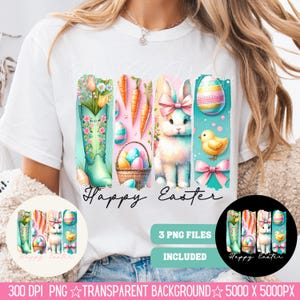 May include: A digital design featuring a colorful Easter scene with a bunny, carrots, eggs, and a boot. The design includes the text "Happy Easter" and is perfect for creating t-shirts, mugs, or other crafts.