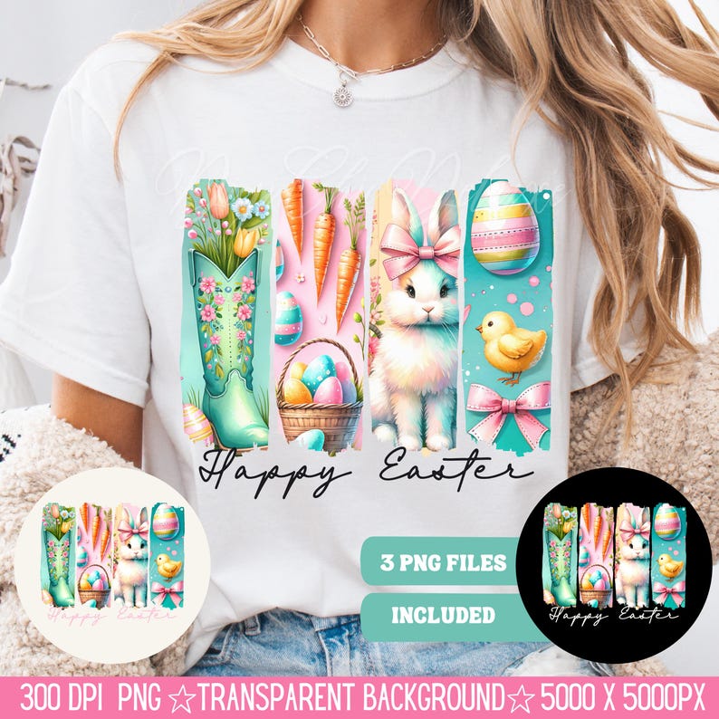 May include: A digital design featuring a colorful Easter scene with a bunny, carrots, eggs, and a boot. The design includes the text "Happy Easter" and is perfect for creating t-shirts, mugs, or other crafts.