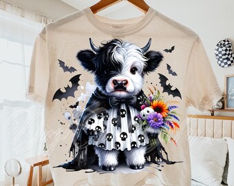 Spooky Highland Cow PNG, Boho Floral Retro Halloween Cow Png, Cow Lover Png, Trendy Spooky Season Shirt Design, Trick Or Treat Png Cow Lover