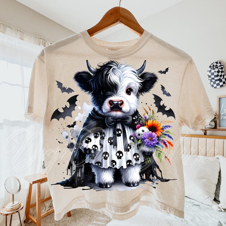 Adorable baby Highland cow in a black skull cape and spooky dress, holding a colorful fall bouquet with a skull plush. This cute Halloween cow PNG design is perfect for sublimation, fall clipart, kids Halloween shirt designs, printable wall art, spooky cute decor, cow lover gifts, and gothic autumn apparel. Great for tees, sweaters, mugs, and farmhouse Halloween crafts.