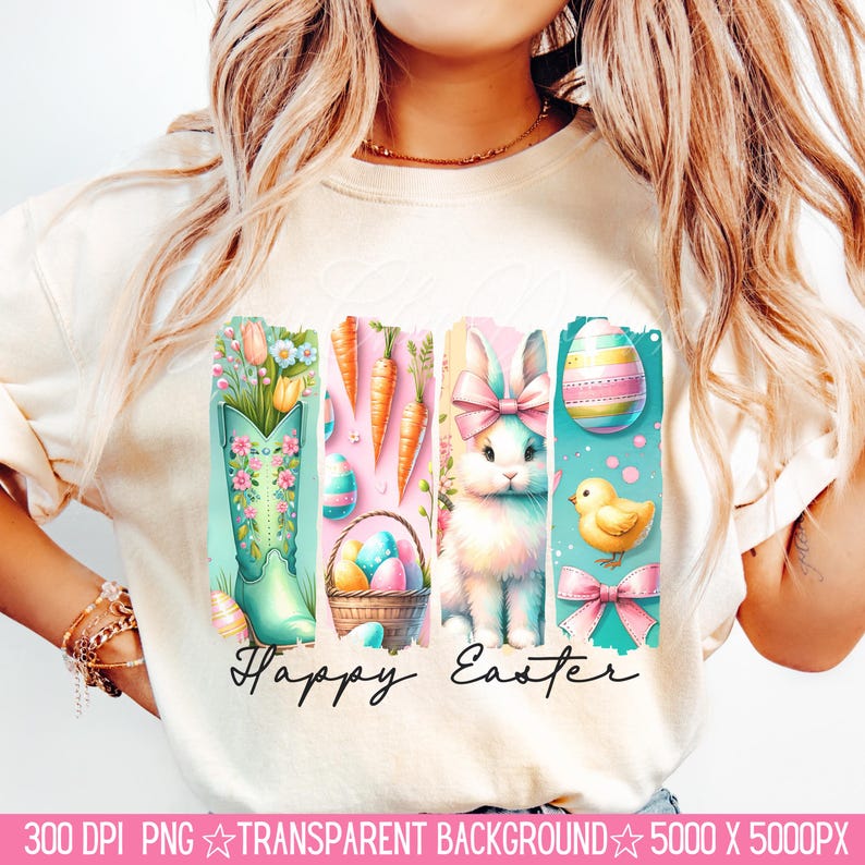 May include: A white t-shirt with a colorful graphic design featuring a bunny, carrots, Easter eggs, a chick, and a boot with flowers. The text "Happy Easter" is written below the graphic.