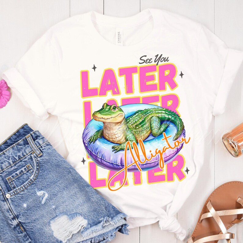 Funny “See You Later Alligator” t-shirt PNG design with cute hand drawn watercolor alligator lounging in a pool float, retro pink and yellow text, summer vacation vibes, beach day shirt, animal humor tee, playful wildlife graphic tee, tropical novelty shirt, kids or adult funny alligator shirt, swamp theme apparel, southern charm gifts, Florida summer shirts, best-selling lake trip shirts, popular quirky animal t-shirt design PNG.