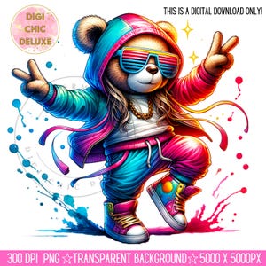 May include: A cartoon teddy bear wearing a blue and pink jacket, sunglasses, and sneakers. The bear is dancing with one leg raised and a peace sign with its right hand. The background is a white canvas with colorful paint splatters.