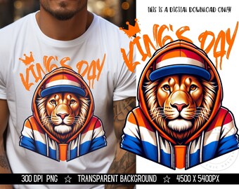 Koningsdag Lion Clipart Shirt Sublimatie en Dtf Design, Digitale Download PNG Instant ALLEEN DIGITAAL, Tshirt png Design, Orange Lion Png