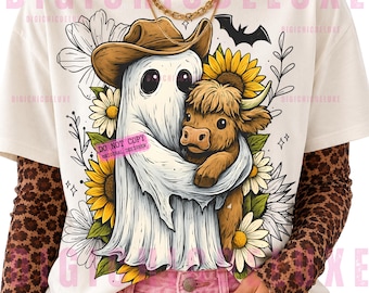 Spooky Cowboy Ghost and Highland Cow PNG, Retro Cute Ghost Png, Floral Fall Autumn PNG Western Cow Png Country Halloween Boo Ghost Cow Lover