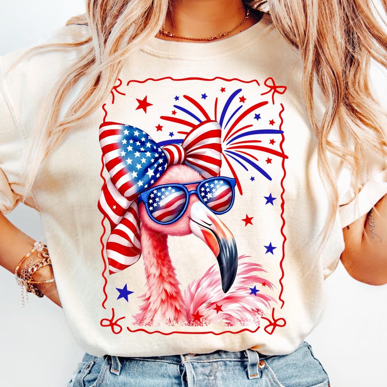 High quality hand drawn watercolor patriotic flamingo PNG design with USA flag coquette bow and American sunglasses, surrounded by red, white and blue fireworks. Perfect for 4th of July shirts, Independence Day outfit, beach party tee, funny summer graphic t-shirt tee, July Fourth flamingo lover gift, America-themed BBQ look, retro cute animal design, and trending patriotic women’s apparel. Great for lake days, family matching sets, coastal grandma style, and summer vacation fashion.