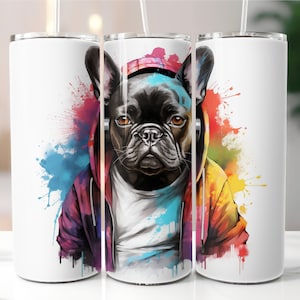 HipHop Franse Bulldog 20 oz mager beker sublimatie ontwerp digitale download PNG ALLEEN Instant DIGITAAL, aquarel hiphop hond beker wrap
