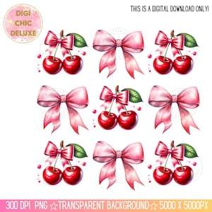 May include: Nine digital illustrations of pink bows with two red cherries on a white background. The cherries have green stems and leaves. The bows are tied with pink ribbon.
