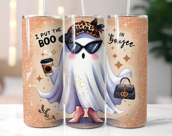 I Put The Boo in Boujee Ghost Tumbler Wrap PNG, Coquette Halloween 20 oz Skinny Tumbler Sublimation, Spooky Season Tumbler, Halloween Mama