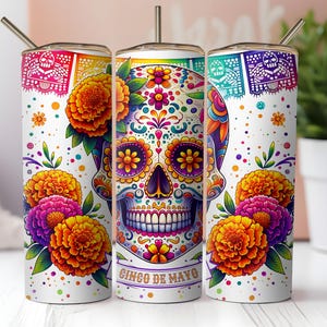 Cinco De Mayo Sugar Skull 20 oz Skinny Tumbler Wrap Sublimation Design Png, Mexican Skull Png, Skull with Flowers, Skeleton Tumbler Wrap PNG