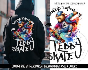 Skate Teddy Bear Clipart Shirt Sublimatie en Dtf Design, Digitale Download PNG Instant ALLEEN DIGITAAL, Tshirt Png Design, Urban Streetwear
