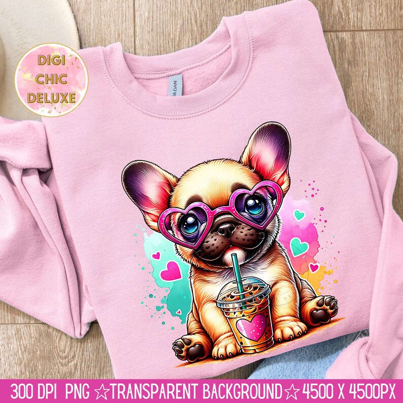 May include: A pink sweatshirt with a cartoon image of a French bulldog wearing heart-shaped sunglasses and holding a cup of iced coffee. The background is a watercolor design with pink hearts and blue and green splatters.