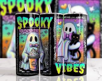 Retro Neon Ghost 20oz Skinny Tumbler Sublimation, Coquette Cute Ghost Halloween Tumbler Wrap Png, Neon Spooky Season Tumbler Png, Cat Coffee