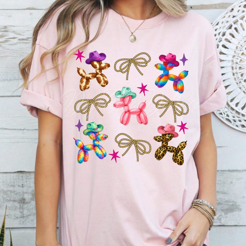 High-quality PNG design featuring cute Western balloon dogs wearing colorful cowboy hats in cow print, pink, tie-dye, and leopard patterns, surrounded by rope bows and retro stars; perfect for trendy coastal cowgirl T-shirts, rodeo shirts, Nashville bachelorette party outfits, girls trip apparel, country concert looks, western bachelorette decor, boho cowgirl gifts, summer rodeo outfits, and western fashion. 300 DPI transparent background for sublimation, DTF and DTG printing and craft projects.