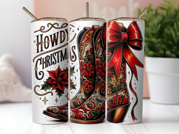 Howdy Christmas Boots 20oz Skinny Tumbler Sublimation Design PNG, Digital Download, Cowboy Coquette Bow, Western Christmas Tumbler Wrap PNG