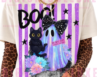 Preppy Coquette Iridescent Ghost and Cat Png, Halloween Shirt png, Girly Halloween Png Ghost Pumpkin Png Cute Ghost Png Boo Halloween Design