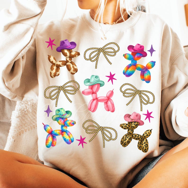 High-quality PNG design featuring cute Western balloon dogs wearing colorful cowboy hats in cow print, pink, tie-dye, and leopard patterns, surrounded by rope bows and retro stars; perfect for trendy coastal cowgirl T-shirts, rodeo shirts, Nashville bachelorette party outfits, girls trip apparel, country concert looks, western bachelorette decor, boho cowgirl gifts, summer rodeo outfits, and western fashion. 300 DPI transparent background for sublimation, DTF and DTG printing and craft projects.