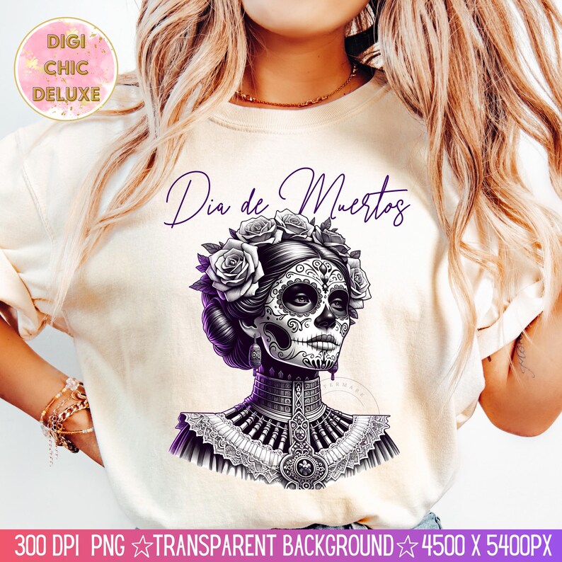 Trendy Elegant Dia de Los Muertos sugar skull woman PNG design with detailed black, purple and white sugar skull face paint, vintage floral crown of roses, gothic makeup, and ornate Mexican dress. Perfect for Day of the Dead shirt, Mexican heritage gifts, calavera wall art, skeleton costume, Latinx celebration tee, dark feminine design, tattoo-style illustration, and vintage mexican aesthetic lovers. Ideal for October and November events.