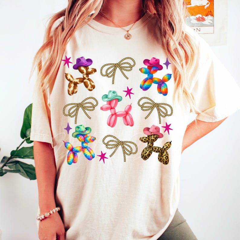 High-quality PNG design featuring cute Western balloon dogs wearing colorful cowboy hats in cow print, pink, tie-dye, and leopard patterns, surrounded by rope bows and retro stars; perfect for trendy coastal cowgirl T-shirts, rodeo shirts, Nashville bachelorette party outfits, girls trip apparel, country concert looks, western bachelorette decor, boho cowgirl gifts, summer rodeo outfits, and western fashion. 300 DPI transparent background for sublimation, DTF and DTG printing and craft projects.