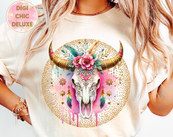 Western Cow Skull Clipart Shirt Sublimation and Dtf Design, Digital Download PNG Instant DIGITAL ONLY, Tshirt png Design,Bohemian Png Design