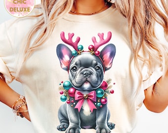 Christmas French Bulldog Reindeer PNG Clipart Shirt Sublimation and Dtf Design, Digital Download, Pink Christmas PNG, Coquette Bow Png