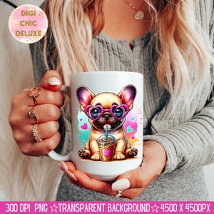 May include: White ceramic mug with a colorful illustration of a French bulldog wearing pink heart-shaped sunglasses and holding a cup of iced coffee. The background is a watercolor-style design with pink, blue, and green splashes.