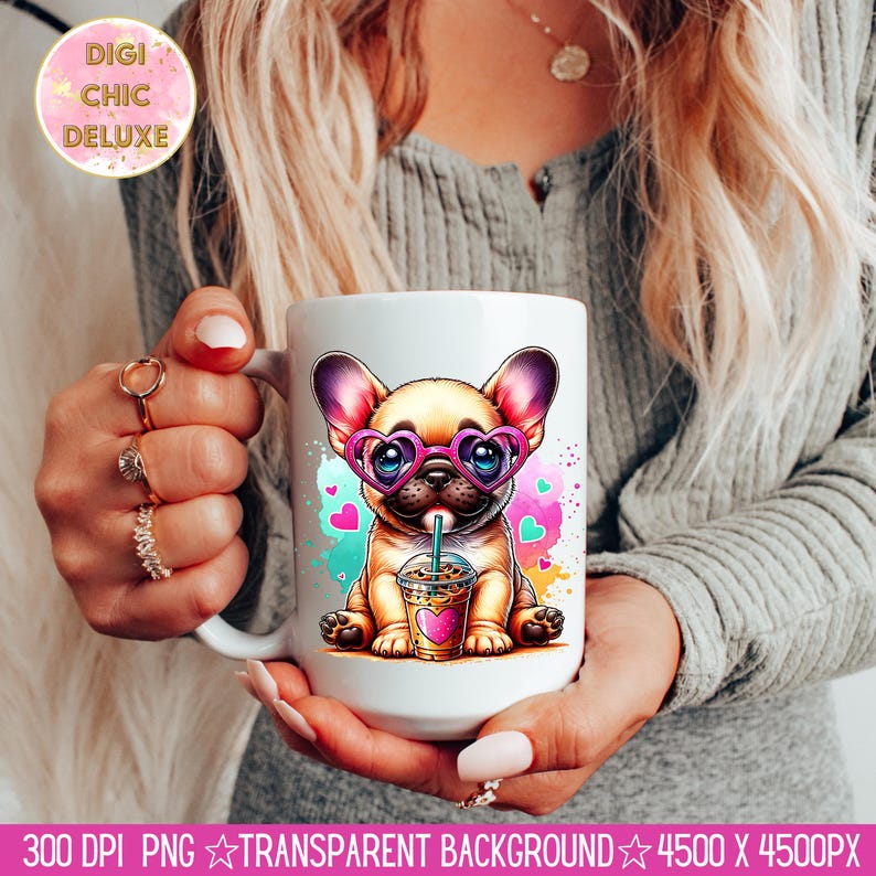 May include: White ceramic mug with a colorful illustration of a French bulldog wearing pink heart-shaped sunglasses and holding a cup of iced coffee. The background is a watercolor-style design with pink, blue, and green splashes.