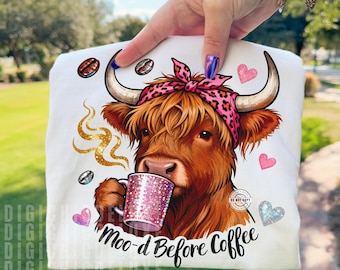 Coffee Highland Cow PNG, Leopard Bow, Coffee Lover Sublimation (Digital Download)