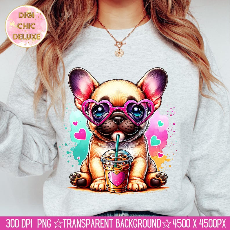 May include: A cartoon French bulldog wearing pink heart-shaped sunglasses and holding a cup of iced coffee. The bulldog is sitting on a blue and pink watercolor background with hearts.